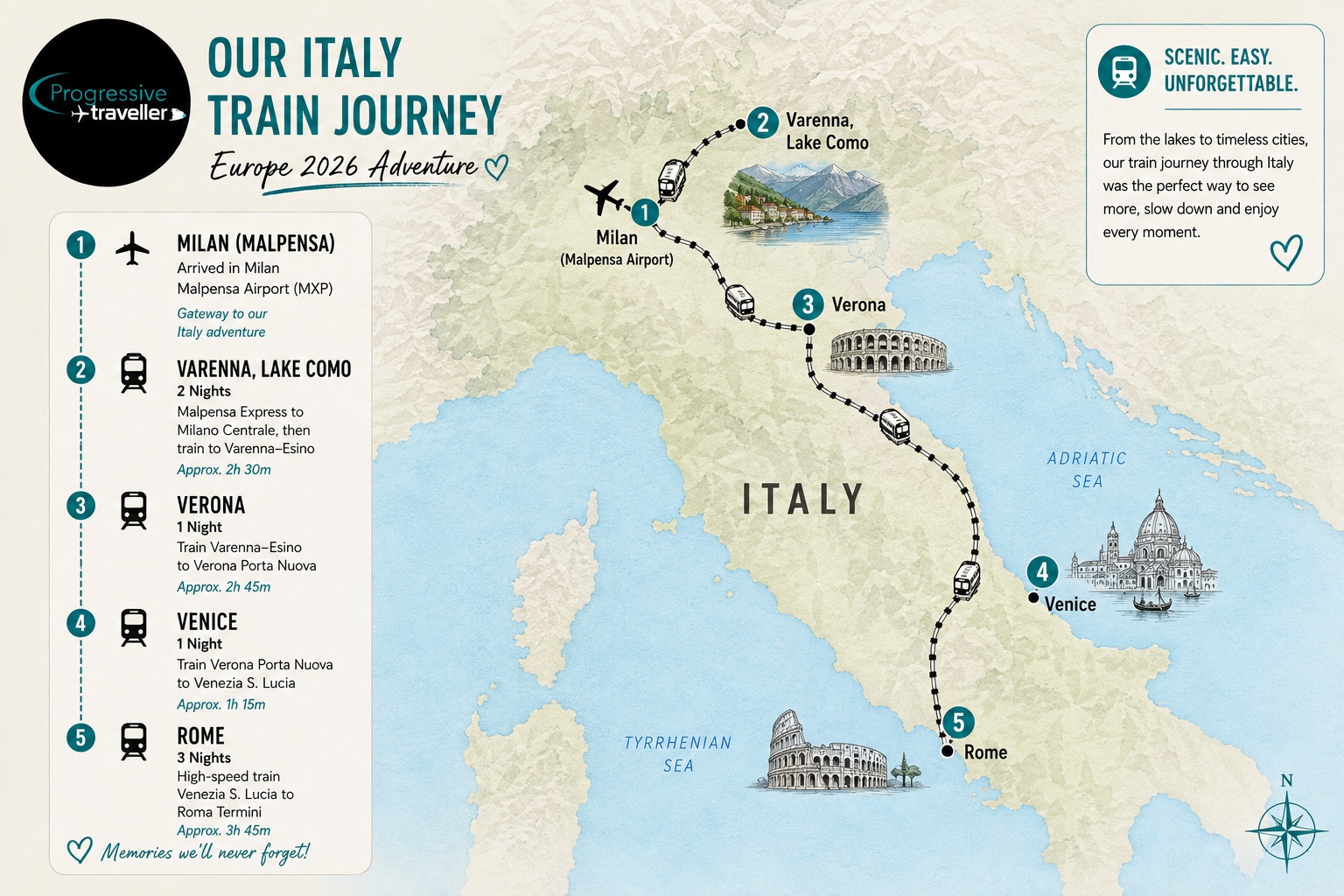 Our Italy Train Journey – Europe 2026 Adventure Illustrated map showing our Italy journey from Milan Malpensa Airport to Varenna on Lake Como, Verona, Venice and Rome, with train routes and the Progressive Traveller logo.